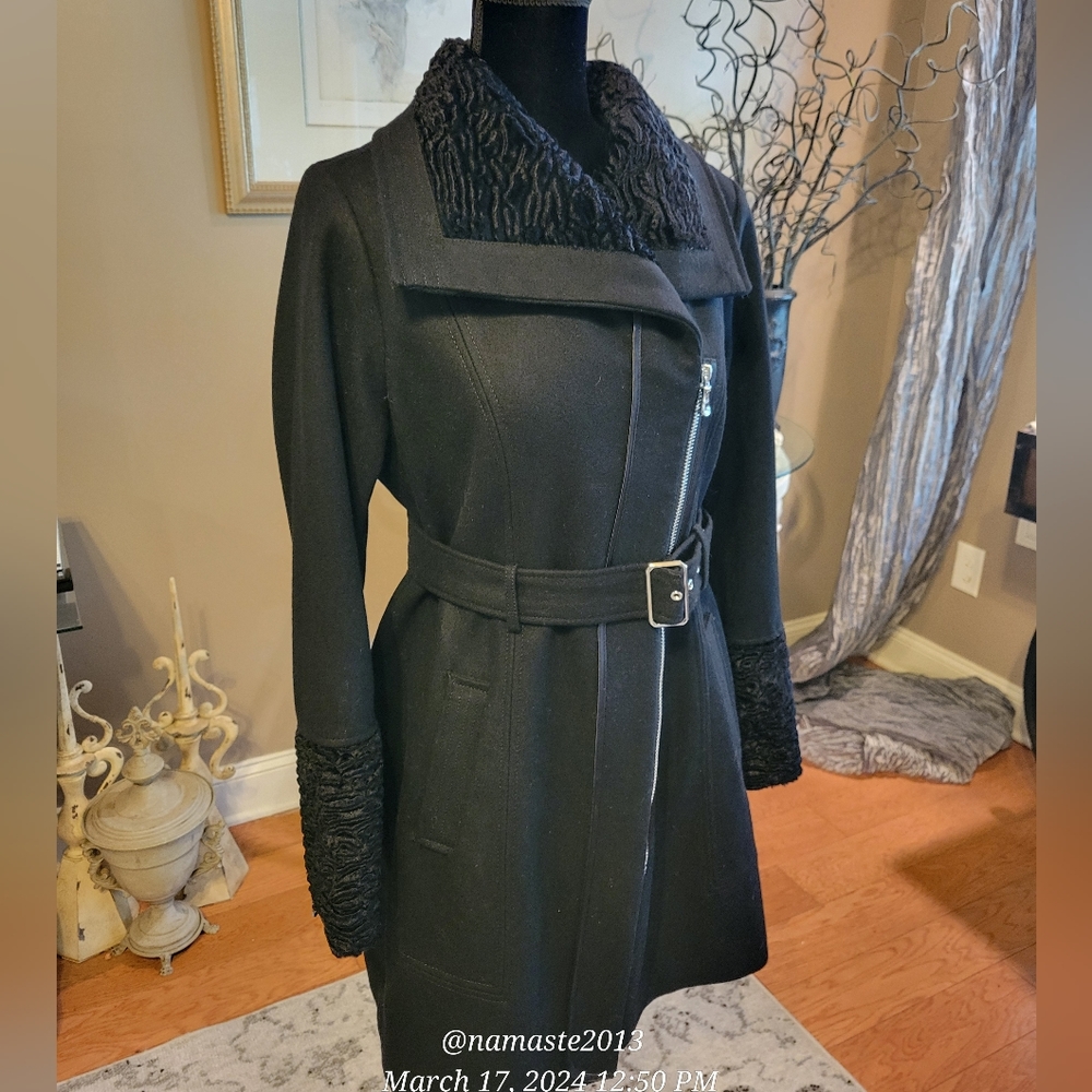 Guess Wool Blend Faux Fur Trim Pea Coat Warm Winter Trending Designer  #733